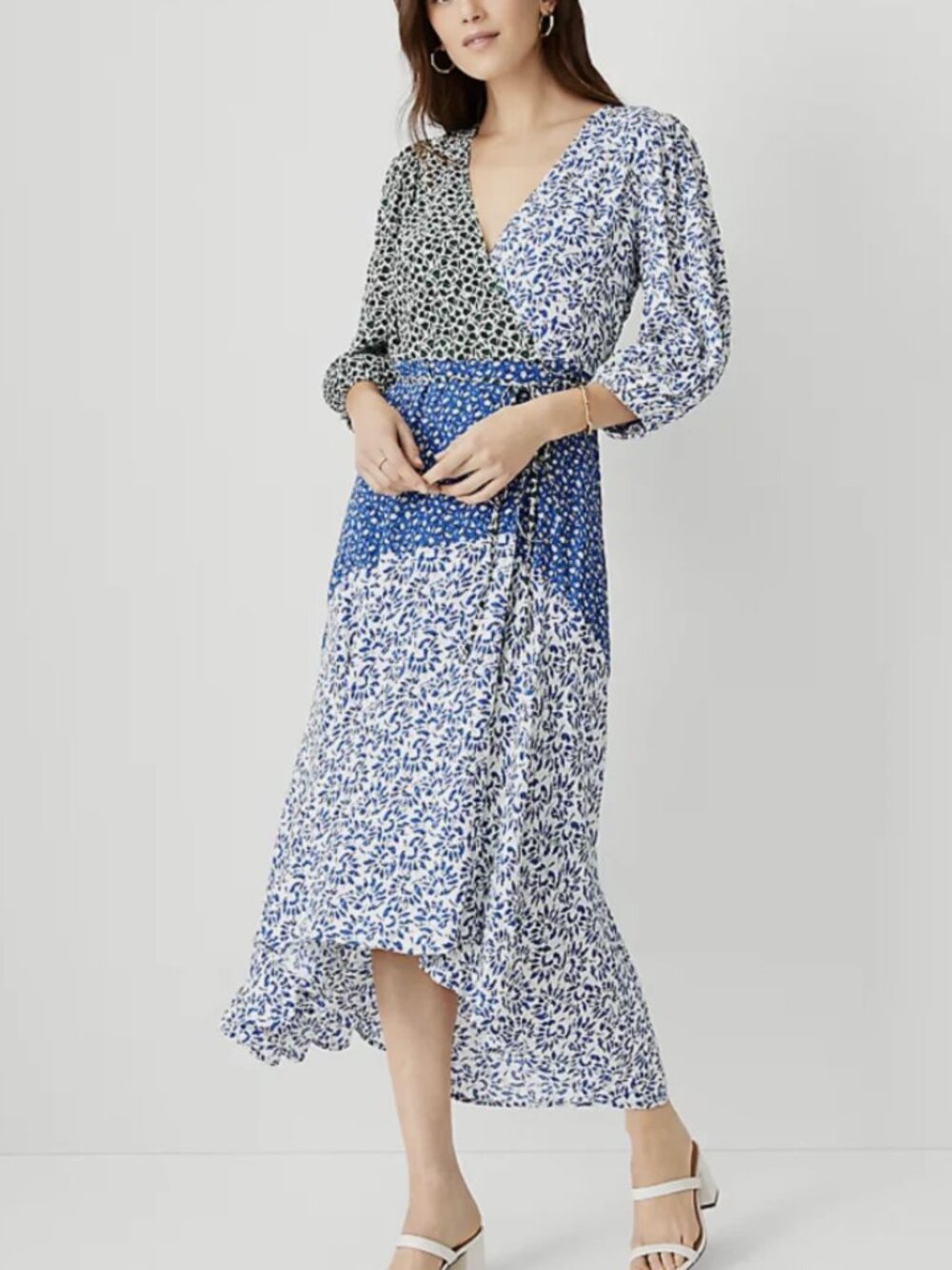 Ann Taylor | Blue and Green Mixed-Print High-Low Maxi Dress
